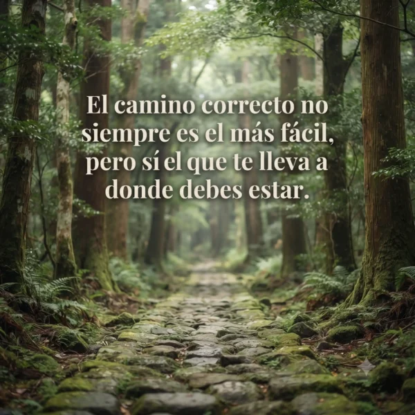 Imagen cuadrada 1:1 de sendero en el bosque con frase de reflexión para WhatsApp.