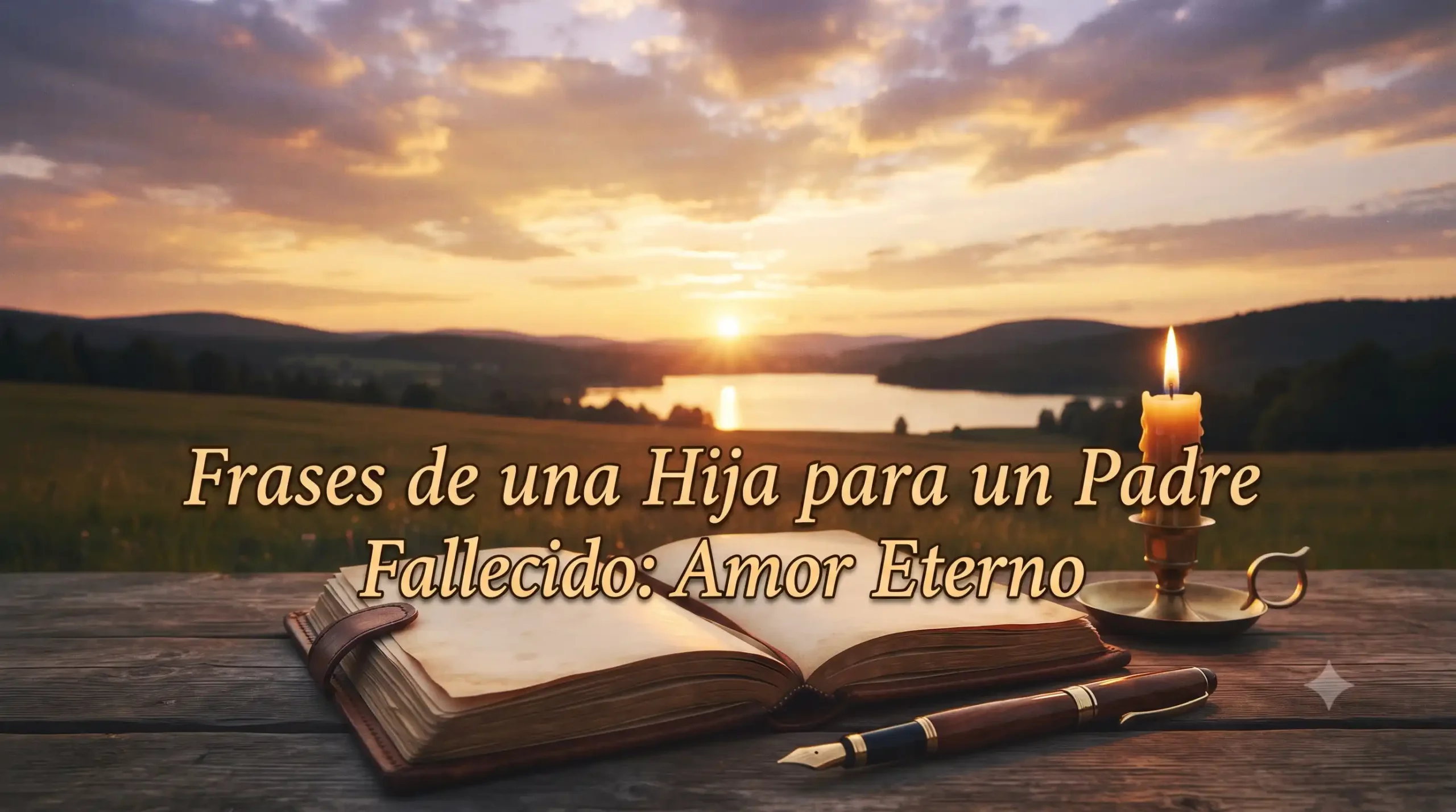 Imagen destacada horizontal con paisaje de atardecer y elementos de recuerdo para portada de frases de una hija a un padre fallecido