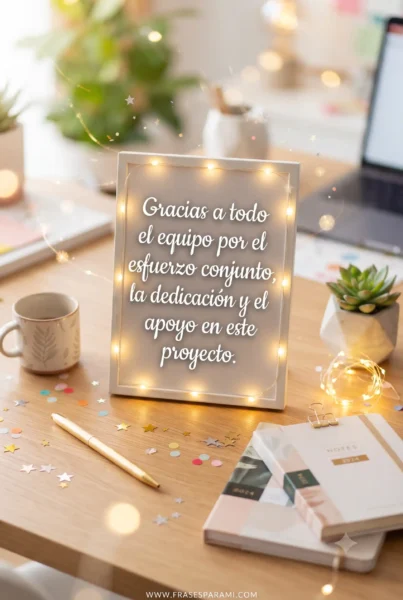 Postal vertical alegre con elementos de oficina y frase de agradecimiento